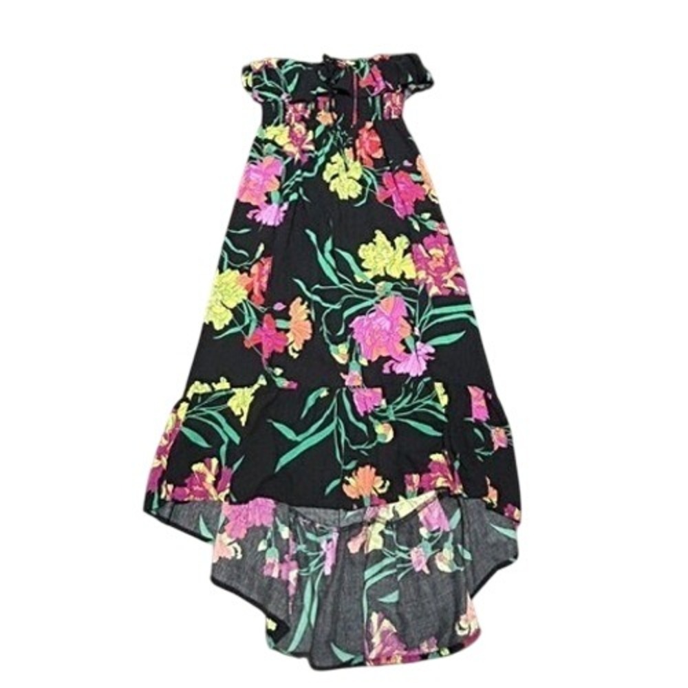 Strapless High-Low Smocked Dress Black with Bright Florals Estimated Size Small
